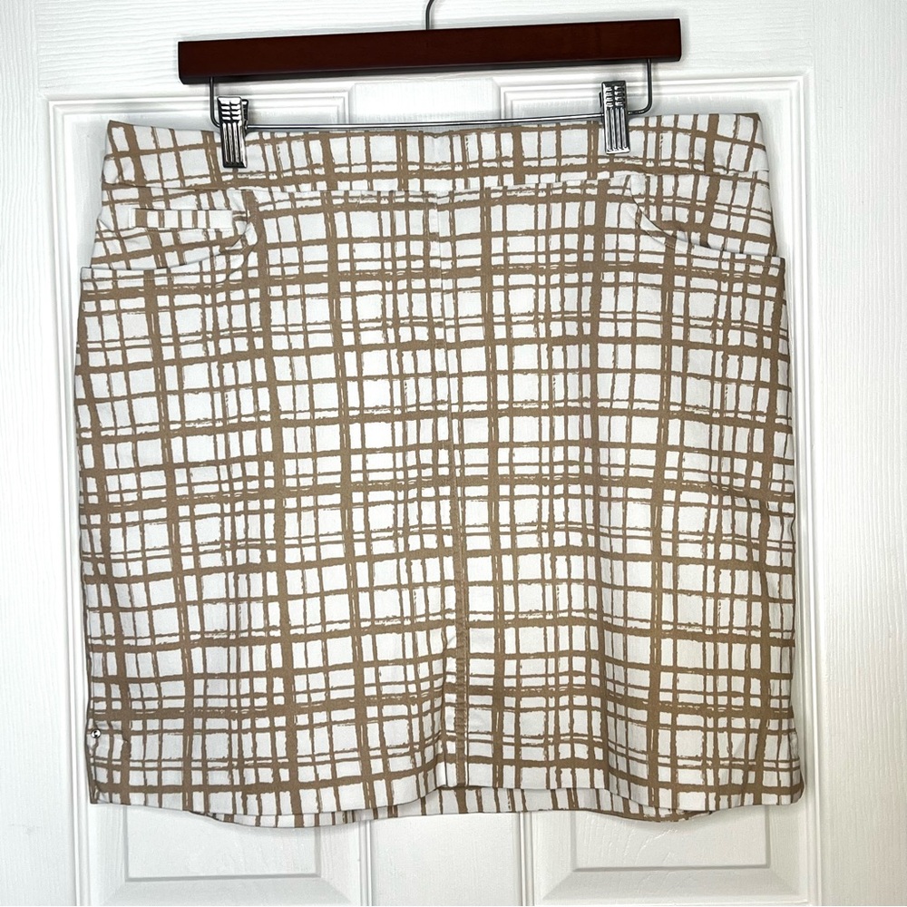 Plaid Skort XL Tan White Pull On Stretch Golf Casual Preppy Pockets